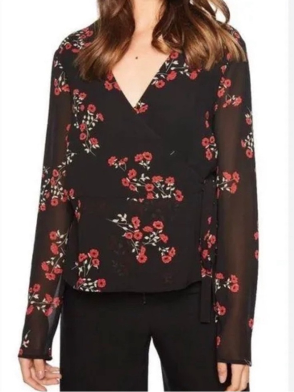 Bardot Black Wrap Blouse with Red Floral Print peplum style NEW size 8